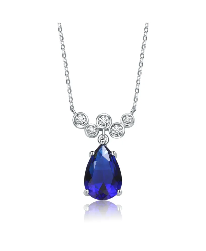 Genevive Sterling Silver with Blue Blue & Cubic Zirconia Bubble Chevron Raindrop Necklace