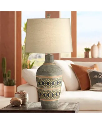Desert Mesa Rustic Southwestern Style Table Lamp 29.5" Tall Gray Pattern Jar Oatmeal Fabric Drum Shade Decor for Living Room Bedroom House Bedside Nig