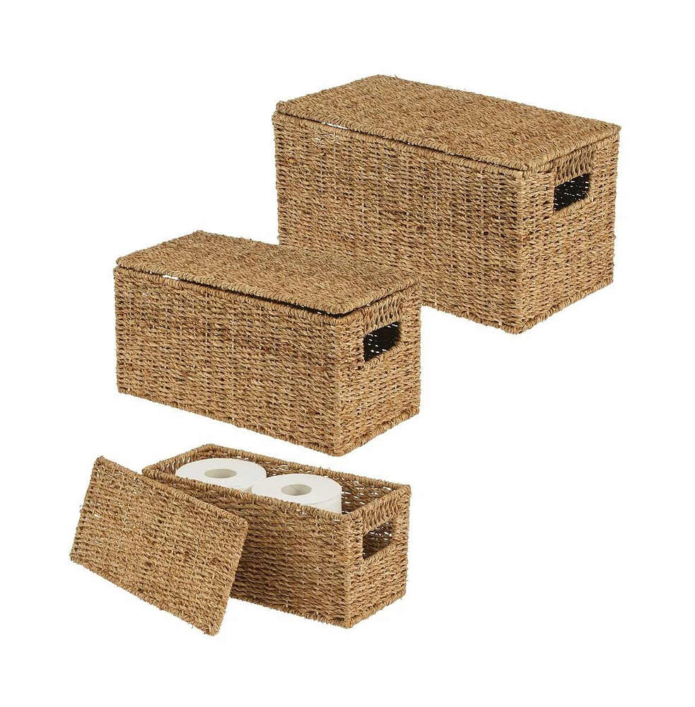 mDesign Woven Seagrass Home Storage Basket with Lid, Set of 3