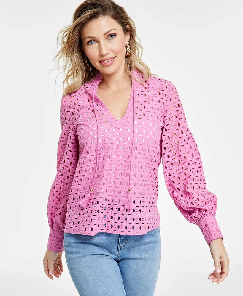 I.n.c. International Concepts Women's Cotton Tie-Neck Eyelet Blouse, Created for Macy's