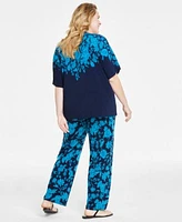 Jm Collection Plus Size Printed Elbow Sleeve Boat Neck Poncho Elena Printed Wide Leg Pants Created For Macys