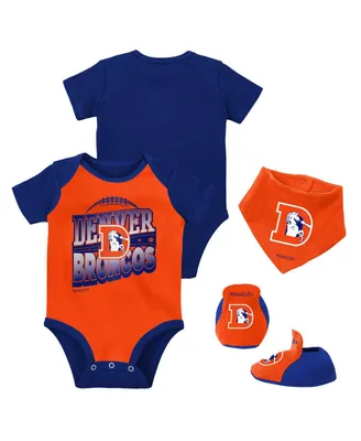 Baby Boys and Girls Mitchell & Ness Orange, Royal Denver Broncos Throwback Big Score Bodysuit, Bib, Bootie Set