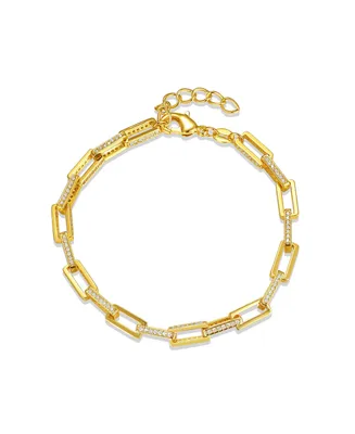 14k Gold Plated with Cubic Zirconia Rectangular Cable Link Adjustable Bracelet