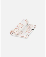 Baby Girl Organic Cotton Blanket Heather Beige With Printed Cat - Infant|Toddler