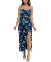 Speechless Women's Mesh Floral Cowlneck Split Midi Dress