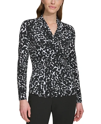 Dkny Petite Printed Ruched-Side Long-Sleeve Top