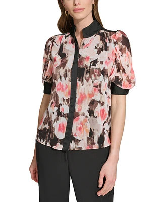 Dkny Petite Floral-Print Puff-Sleeve Blouse