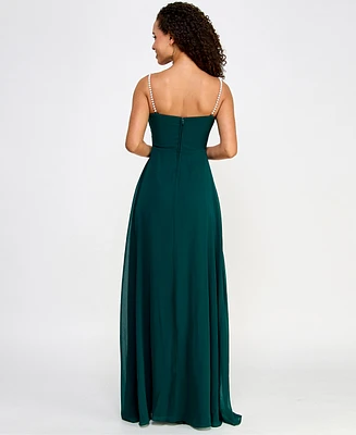 City Studios Juniors' Drape-Neck Faux-Peal-Strap Gown