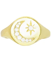 Cubic Zirconia Crescent Moon & Star Signet Ring 14k Gold-Plated Sterling Silver