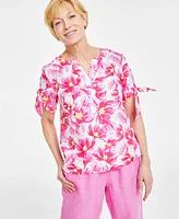 Charter Club Women's 100% Linen Printed Tie-Sleeve Top, Created for Macy's