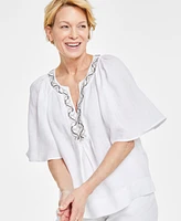 Charter Club Women's 100% Linen Embellished Flutter-Sleeve Top, Created for Macy's