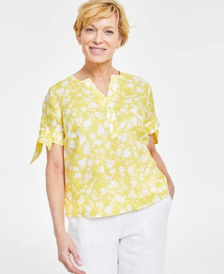 Charter Club Women's 100% Linen Printed Tie-Sleeve Top, Created for Macy's