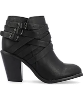 Journee Collection Women's Strap Round Toe Stacked Heel Dress Booties