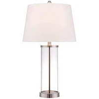 Modern Coastal Table Lamp Fillable 26.25" High Clear Glass Cylinder Brushed Nickel Metal White Drum Shade Decor for Living Room Bedroom Beach House Be