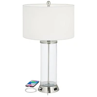 Watkin Modern Table Lamps 27.5" Tall Set of 2 Led with Usb and Ac Power Outlet in Base Dimmable Clear Glass Column White Drum Shade for Living Room Be