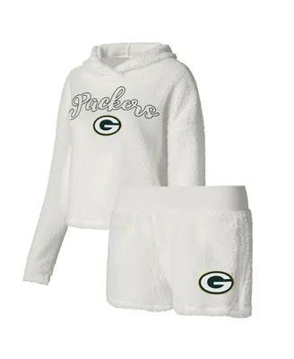 Women's Concepts Sport White Green Bay Packers Fluffy Pullover Sweatshirt and Shorts Sleep Set