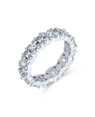 Timeless Cubic Zirconia Aaa Cz Alternating Round & Baguette Flower Anniversary Eternity Wedding Band Ring For Women .925 Sterling Silver