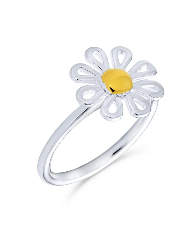 Delicate Tiny Two Tone Flower Daisy Ring For Teen Women Thin 1MM Band 14K Gold Plated .925 Sterling Silver - Multi