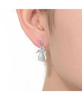 Sterling Silver with Rhodium Plated White Round Freshwater Pearl with Marquise and Round Cubic Zirconia Earrings