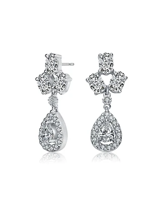 Sterling Silver with White Gold Plated Clear Pear with Oval and Round Cubic Zirconia Accent Drop Earrings