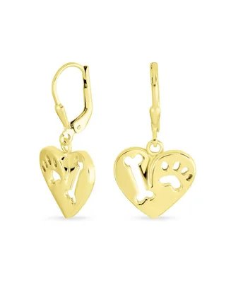 Bling Jewelry I Love My Dog Heart Shape Cut Out Puppy Pet Bone Animal Lover Paw Print Drop Dangle Lever back Earrings 14K Yellow Gold Plated Sterling