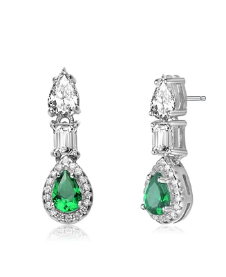 Sterling Silver White Gold Plated Green and White Cubic Zirconia Drop Earrings