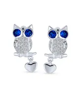 Bling Jewelry Wise Graduate Lucky Sitting Branch Owl Stud Earrings For Women Big Blue Eye Cubic Zirconia Cz Heart Charm Sterling Silver