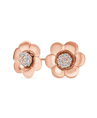 Bling Jewelry 2 In 1 Removable Jackets Simple Danity Pave Cz Stud Center with Petal Flower Jacket Rose Stud Earrings For Women Rose Gold Plated Sterli