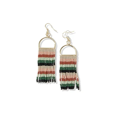 Ink + Alloy Allison Game Day Horizontal Stripes Beaded Fringe Earrings Dark Green And White