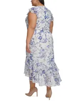 Tommy Hilfiger Plus Floral-Print Flutter-Sleeve Midi Dress