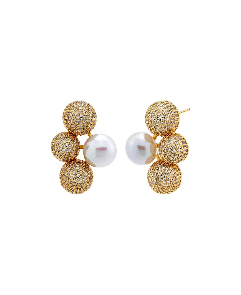 by Adina Eden Pave Triple Ball X Imitation Pearl on the Ear Stud Earring