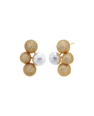 by Adina Eden Pave Triple Ball X Imitation Pearl on the Ear Stud Earring