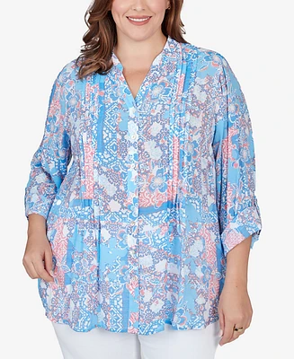 Ruby Rd. Plus Size Silky Gauze Patio Party Patchwork Button Front Top