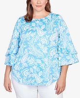 Ruby Rd. Plus Monotone Paisley Puff Print Party Top