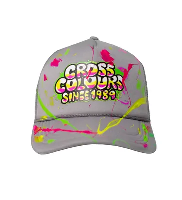 Cross Colours Since 1989 Airbrushed Trucker Hat with paint splatter.