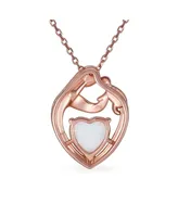 Bling Jewelry Family Parent New Mother Synthetic White Opal Heart Shaped Mom Loving Son Child Daughter Necklace Pendant Rose Gold Plated Sterling Silv