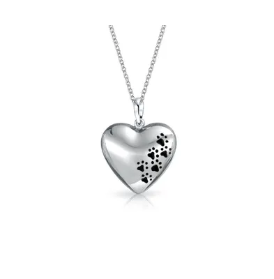 Personalized Dog Cat Pet Kitten Puppy Black Paw Prints Heart Shape Pendant Necklace for Women.925 Sterling Silver