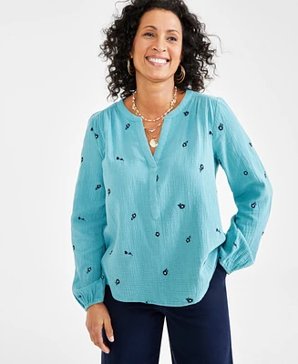 Style & Co Women's Cotton Embroidered Split-Neck Gauze Blouse, Created for Macy's