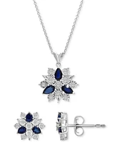 Lab-Grown Blue Sapphire (7/8 ct. t.w.) & Diamond (1/10 ct. t.w.) Flower 18" Pendant Necklace in Sterling Silver