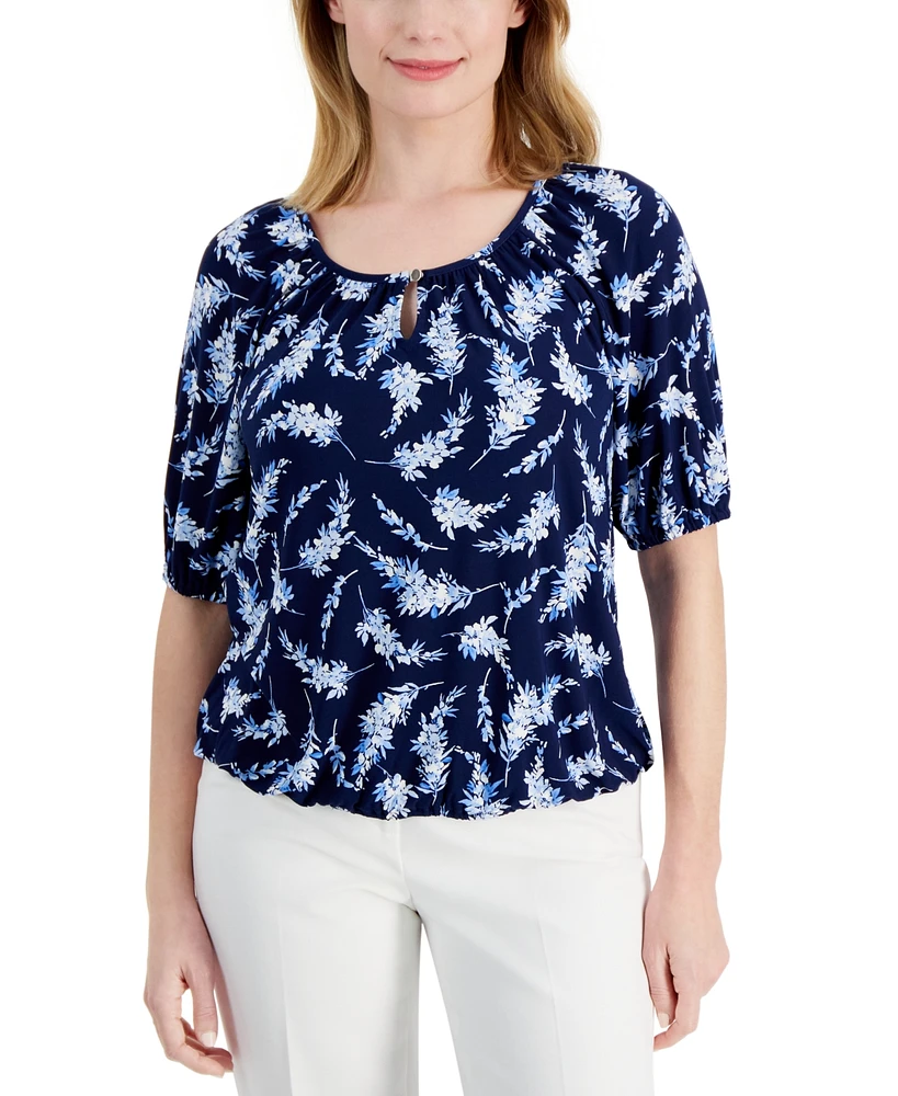 Ak Anne Klein Petite Printed Scoop-Neck Elbow-Sleeve Top