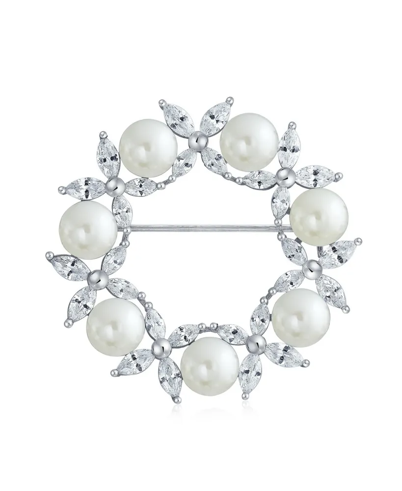 Bling Jewelry Elegant Holiday Marquise Cz Cubic Zirconia Round 8MM White Simulated Pearl Wreath Circle Scarf Brooch Pin For Women