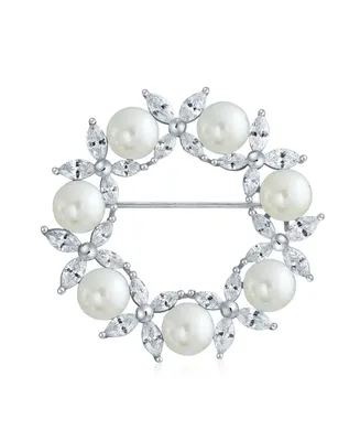 Elegant Bridal Holiday Marquise Cz Cubic Zirconia Round 8MM White Simulated Pearl Wreath Circle Scarf Brooch Pin For Women Wedding