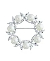 Bling Jewelry Elegant Holiday Marquise Cz Cubic Zirconia Round 8MM White Simulated Pearl Wreath Circle Scarf Brooch Pin For Women