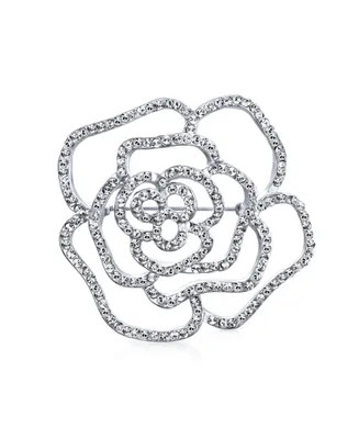Bridal Pave Cubic Zirconia Cz Large Flower Rose Brooch Pin For Women Mother Day Gift Silver Plated Brass