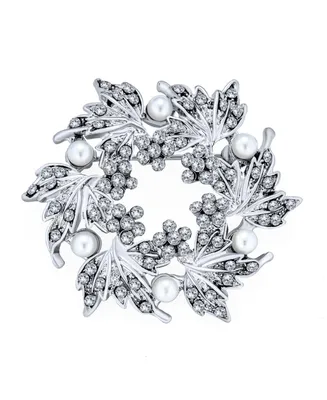 Elegant Bridal Holiday Party Crystal Round White Simulated Pearl Wreath Circle Scarf Brooch Pin For Women Wedding