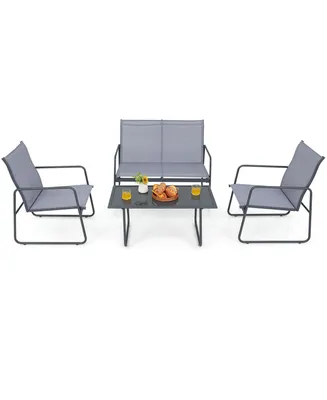 4 Pieces of Metal Patio Furniture Chat Set with Tempered Glass Coffee Table