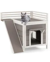 Outdoor Wooden Feral Cat House with Balcony and Slide-Gray