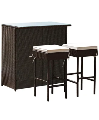 3-piece Rattan Wicker Bar Table Stools Dining Set Cushioned Chairs