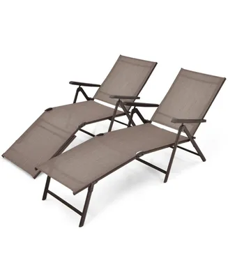 2 Pieces Foldable Chaise Lounge Chair with 2-Position Footrest-Brown