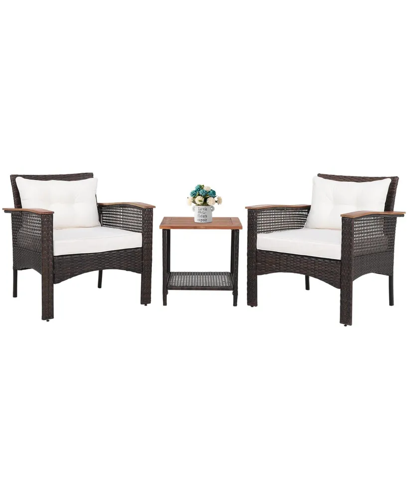 Vebreda 3 Pieces Patio Rattan Furniture Set with Acacia Wood Tabletop